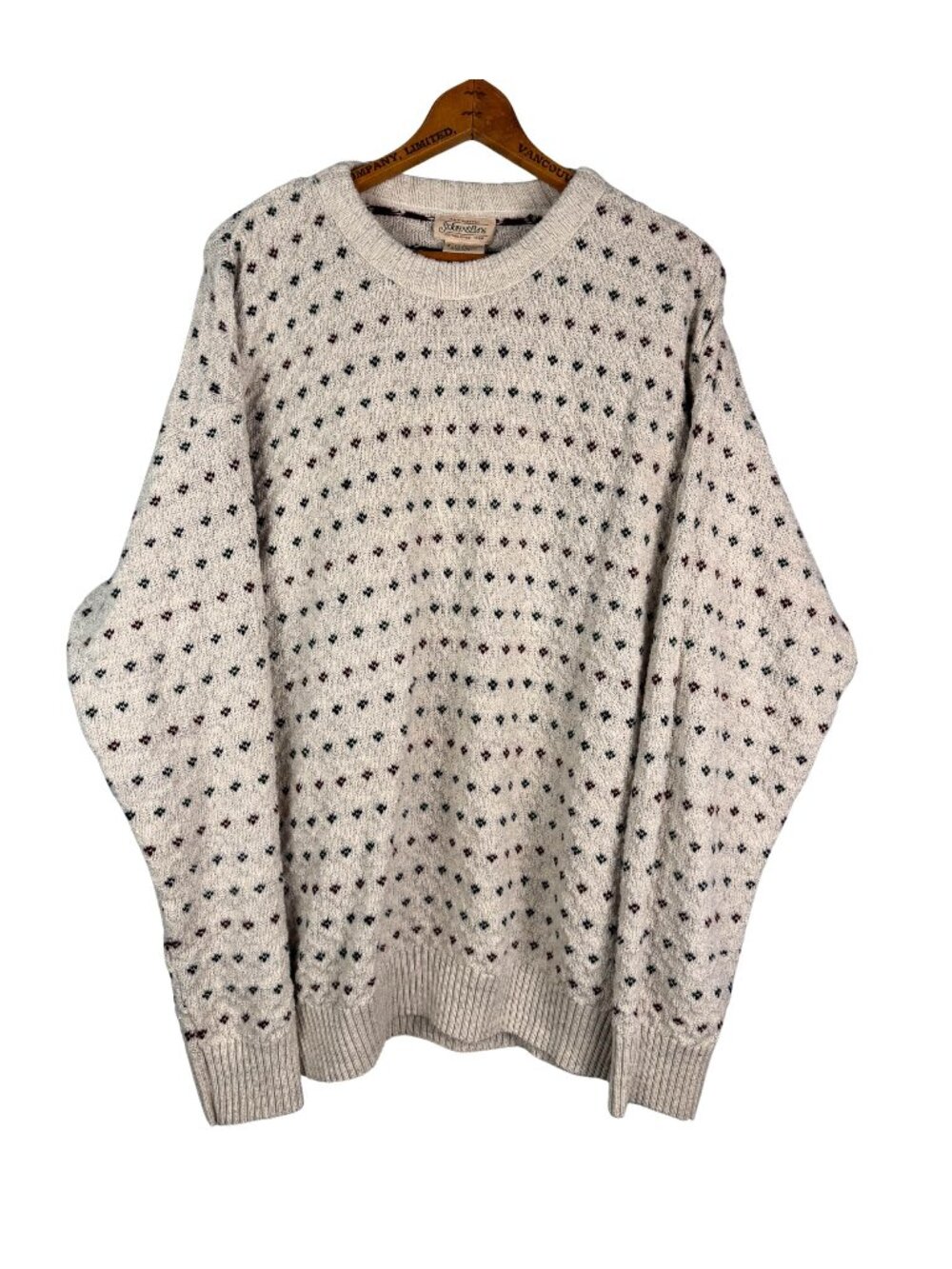 Vintage 90s Beige Knit Grandpa Sweater, Cotton Blend, Crewneck